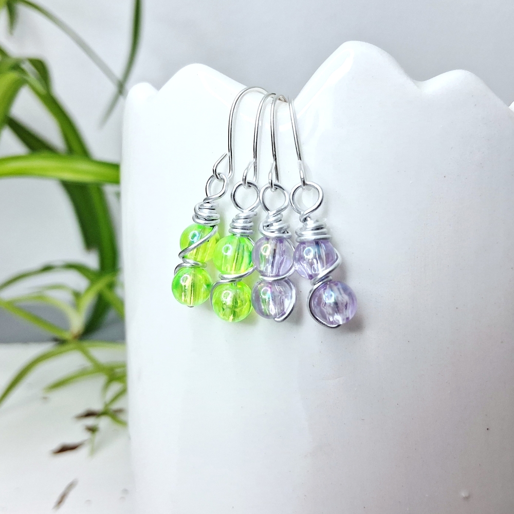 BOGO EARRINGS Chic Silver Earrings with Green and Purple Beads